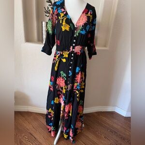 NWT Black Floral Smocked Button Front Tassel Tie Maxi Dress Womens XL Multicolor